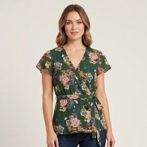 Lily Black Floral Shortsleeve V-Neck Wrap Waist Peplum Style Blouse